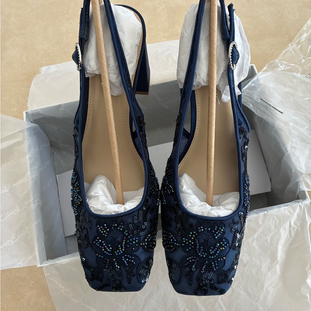 Betsey Johnson Navy Iridescent Beaded Floral Slingback Heels - Picture 4 of 9